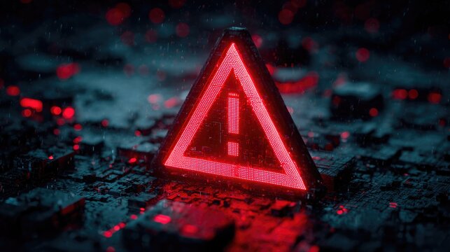Glowing red alert triangle in dark rainy cyber landscape