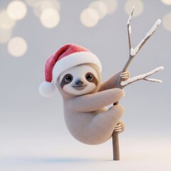 Naklejka premium Cute sloth wearing a Santa hat hanging on a snowy branch with festive bokeh lights in the background. Christmas and New Year holiday season concept,flyer with copy space