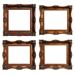 Four ornate, antique wooden picture frames with intricate baroque carvings set against a black background.