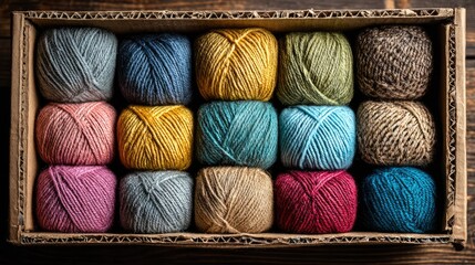 Colorful Yarn Skeins Neatly Arranged in a Box for Knitting and Craft Projects