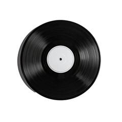 A high-contrast, top-down view of a blank black vinyl record against a pure black background.