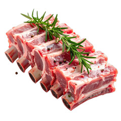 Fresh, raw rack of lamb ribs garnished with rosemary and peppercorns against a black background.
