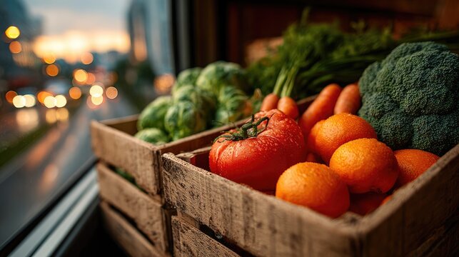 Organic Fresh Vegetables in Rustic Wooden Crate with Evening City Lights - Powered by Adobe