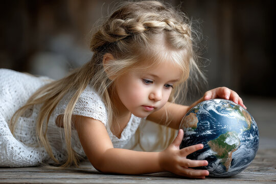 Young girl gently explores a globe while lying on a wooden floor indoors