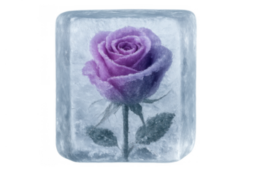 Purple rose frozen in a block of ice, preserving beauty and delicate nature, transparent background