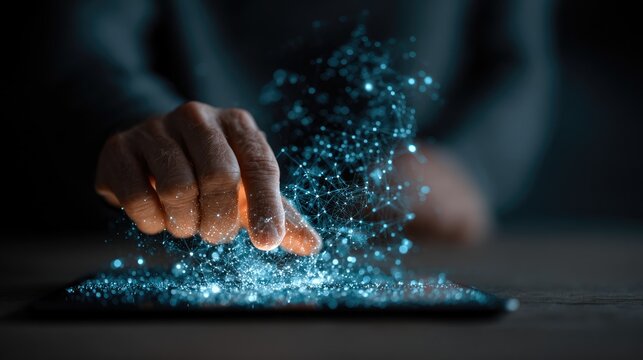 Human Hand Interacting with Futuristic Digital Hologram Interface