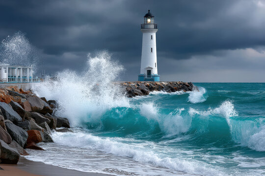 Waves crash against the rocky pier near a lighthouse under dramatic stormy skies