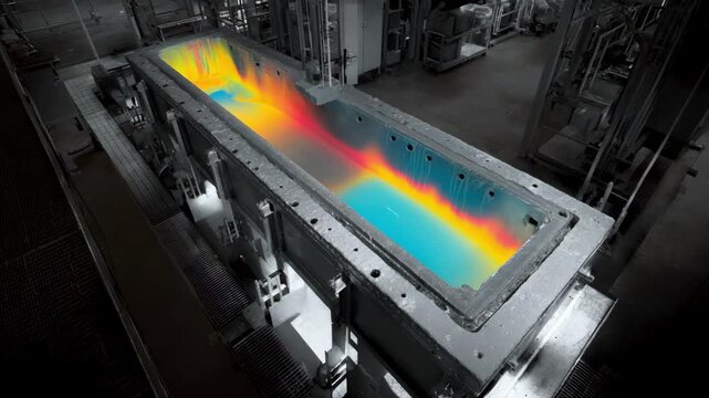 Medium shot capturing temperature gradients across the virtual casting mold in a thermal simulation trial.