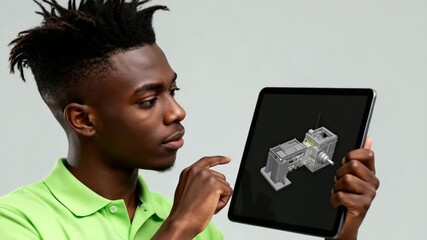 Young African American engineer analyzing a 3D industrial model on a tablet. Man interacting with an augmented reality engine component. Engineering technology concept - Powered by Adobe