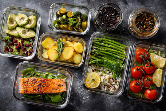Healthy meal prep includes grilled salmon, fresh vegetables, and flavorful sides for balanced eating