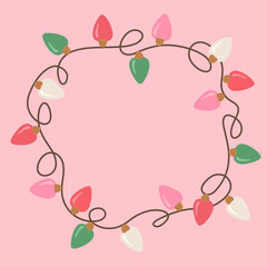 A bright frame of garlands with festive red lights on a pink background in a flat style.