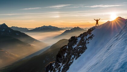 Freedom and Awe: A Traveler Spreading Their Arms to Embrace Breathtaking Mountain Landscapes at Sunrise