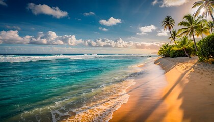 Idyllic Escape: A Stunning Tropical Beach Scene with Turquoise Water, Bright Sun, and Clear Skies