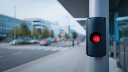 Pedestrian crossing button with unresponsive red indicator under cool evening street light.