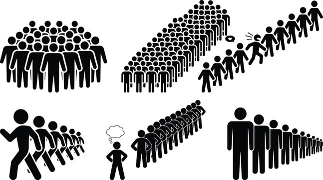 Crowd, queue, and social distance stick figures; people icons set