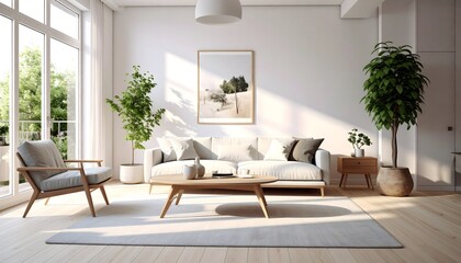 Fototapeta premium Title: Serene Scandi: Realistic Depictions of Beautiful, Cool, and Super Modern Scandinavian Home Decor