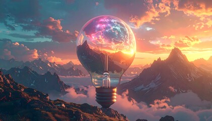 Illuminating Ideas: Glowing Light Bulbs Symbolizing Inspiration Amidst Breathtaking Natural Landscapes