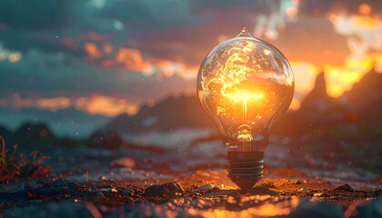 Illuminating Ideas: Glowing Light Bulbs Symbolizing Inspiration Amidst Breathtaking Natural Landscapes
