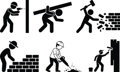 Construction work icons: building, demolition, renovation tasks