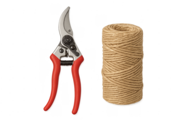 Gardening secateurs and natural jute twine on transparent background