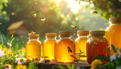 Golden Elixir: A Close-Up of Various Honey Samples in Glass Jars, Surrounded by Buzzing Bees and Natural Sunshine
