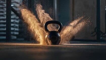 Kettlebell Impact on Gym Floor with Dust Explosion – High-Intensity Fitness Scene