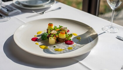 Culinary Masterpiece: Exquisite Gourmet Dishes Plated with Precision and Artistic Flair in a Michelin-Star Setting