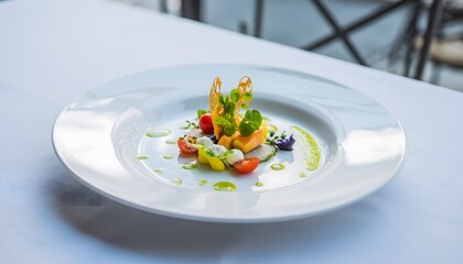 Culinary Masterpiece: Exquisite Gourmet Dishes Plated with Precision and Artistic Flair in a Michelin-Star Setting