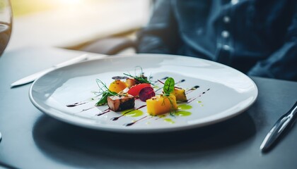 Culinary Masterpiece: Exquisite Gourmet Dishes Plated with Precision and Artistic Flair in a Michelin-Star Setting