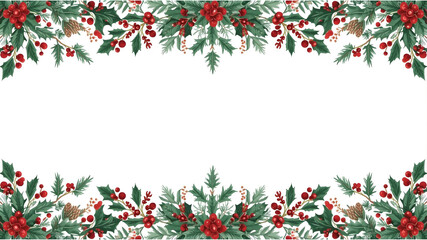 Fototapeta premium Christmas winter holiday frame with hand drawn tree branches, leaves, and berries, png, vector, isolated on transparent background, flat design