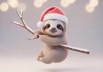 Naklejka premium Cute sloth wearing a red Santa hat, hanging on a snow-covered branch. Adorable Christmas animal character for holiday greeting card design.
