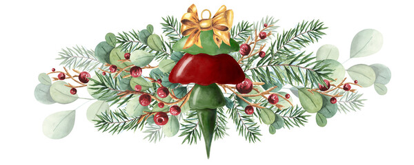 Vintage Digital Watercolor Christmas Ball with fir pine tree. Hand-Drawn Retro Holiday Baubles. Green and red. christmas tree with berries. For stickers, decoration, textile, kitchenware