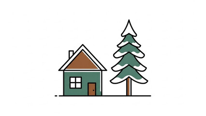 Charming winter cabin with snow-covered pine tree, inviting warmth and seasonal cheer for holiday promotions and festive designs, perfect for cozy vibes