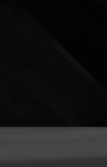 Empty black room studio with shadow overlay effect for product presentation display. Art and architecture showroom. Morning sunlight through the window. Minimal Mock up interior background.