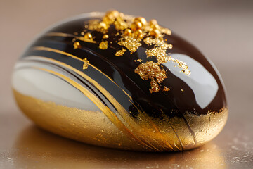Delicious round red dessert with gold accents served on a plate at a fine dining restaurant