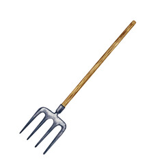 Garden pitchfork. Hand-drawn watercolor illustration. Garden and farm pitchfork with wooden handle. Concept of an agricultural tool. Design element.