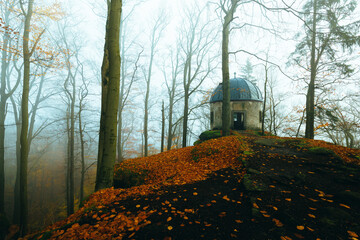 kleiner Winterberg small Wintermountain in the saxony switzerland with pavilion during a lot of fog mist misty moody mood