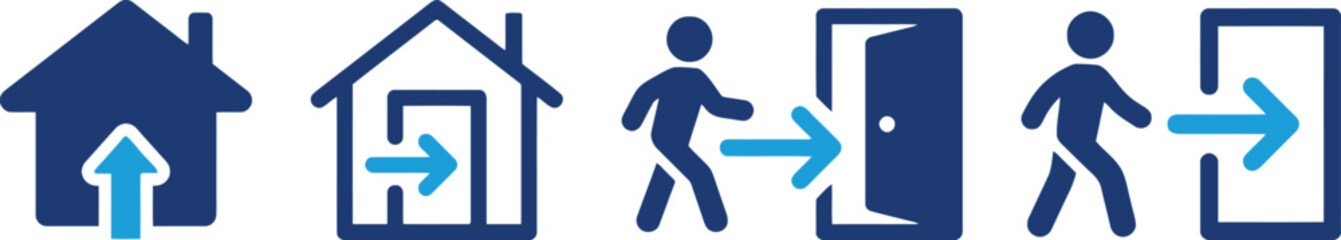 home, house, building, entrance, exit, door, open door, person, walking, arrow, direction, in, out, move, transition, silhouette, graphic, icon, symbol, set, collection, residential, pathway, movement