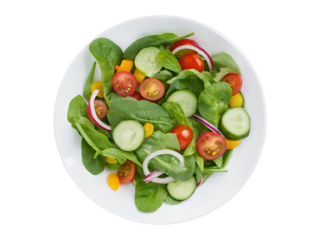 plate of salad with fresh vegetables isolated on transparent background, top view
