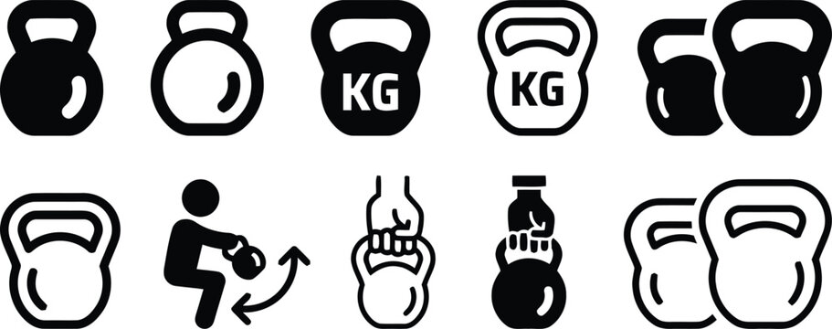 conditioning., strength, with, exercise, equipment, exercise., grip, lifting, symbol, tool, include, training, design, routine, category:, white, kettlebell, vector, sport, illustration, different, de
