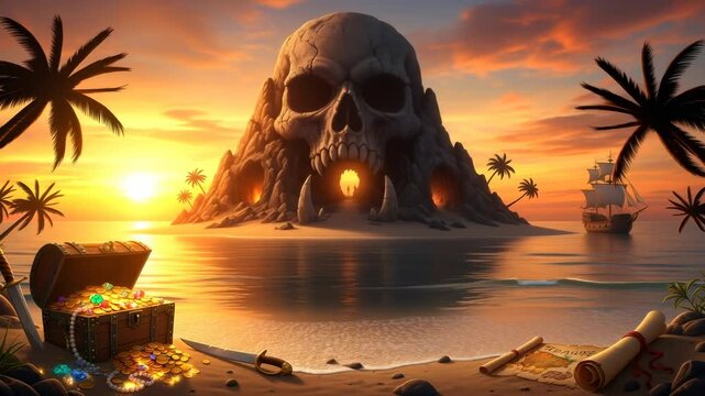 Pirate skull island with treasure chest and ship at sunset. Adventure and mystery on a tropical beach.