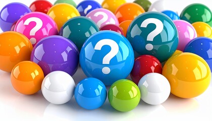 Colorful spheres with question marks symbolize inquiries, queries and problem-solving concepts