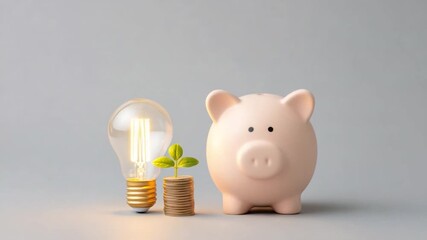Savings Concept with Piggy Bank, Light Bulb, Coins, and Green Plant Symbolizing Financial Growth and Innovation 4k video footage