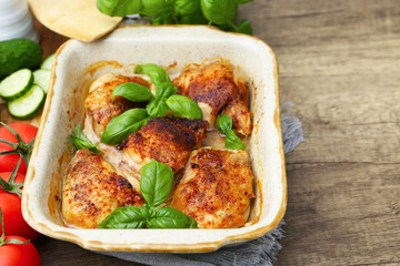 Tasty cooked chicken thighs with basil in baking dish and ingredients on wooden table, closeup. Space for text