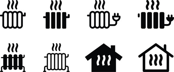 wavy, radiator, home, energy, heater, collection, [converted], electricity, cords, inside., radiators, black, steam, with, illustrating, comfort, icons, efficiency, temperature, house, symbol, control