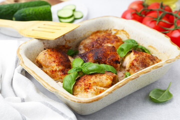 Tasty cooked chicken thighs with basil in baking dish and ingredients on light grey table, closeup