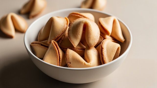 Bowl of fortune cookies on neutral background, Chinese New Year concept