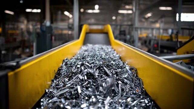 Medium shot capturing the efficiency of an automated conveyor system organizing metal pieces swiftly highlighting streamlined processes in sustainable resource recovery.
