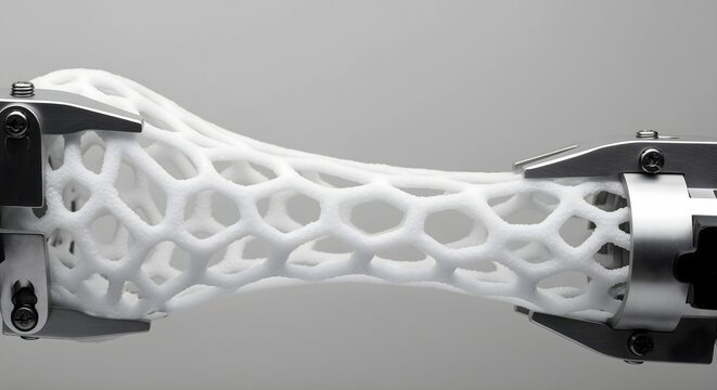 Advanced Cellular Lattice Material Under Tension in Industrial Clamp, Highlighting Flexible Biomimetic Structure and Innovative Engineering.