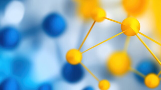 Closeup of a colorful molecular structure with blue and yellow spheres connected by rods, symbolizing science.